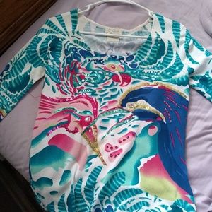 FDJ Beachy Tropical Bird Sequined Blouse